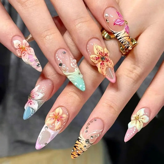2026 New Almond Press on Nails Summer Vibes, 3D Embossed Colorful Floral Full Cover Fake Nail Tips, Reusable Removable Glossy False Nails 24Pcs 10 Sizes for Daily Beach Party Vacation Manicure