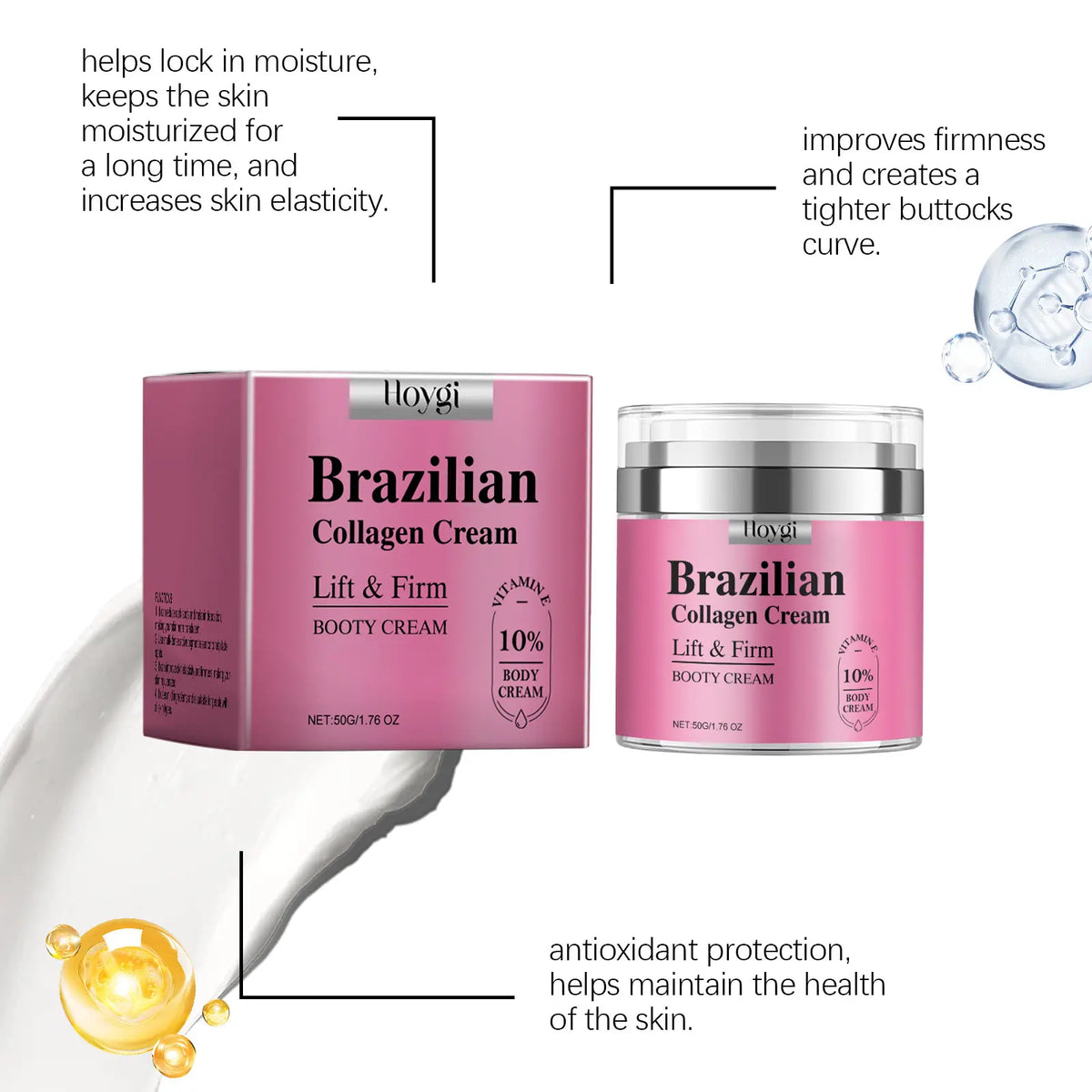 1PC Brazilian Collagen Hip Skin Care Cream 50G with 10% Vitamin E Moisturizing Elastic Smooth Body Smoother Hydrating Moisturizer Lotion for Daily Home Full Body Skin Care Gentle Body Care Holiday Gift for Young Ladies